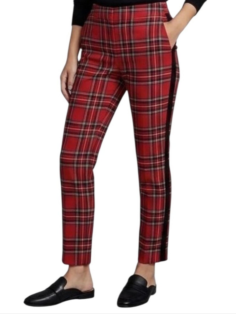 NWT Talbots Red Plaid Velvet Stripe Wool Blend Slim Ankle Pant Size 10P